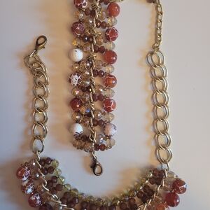 Elegant Gold and Brown Beaded Necklace and Bracelet Set